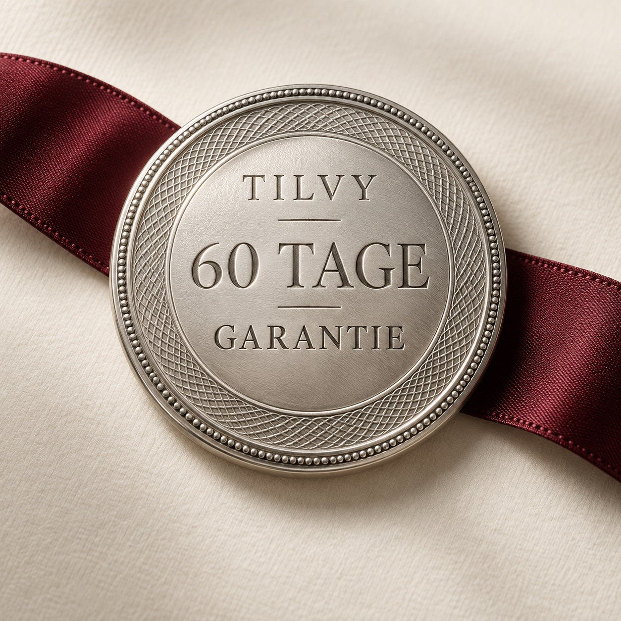 Silbernes Tilvy-Medaillon zur 60-Tage-Garantie auf weinrotem Band