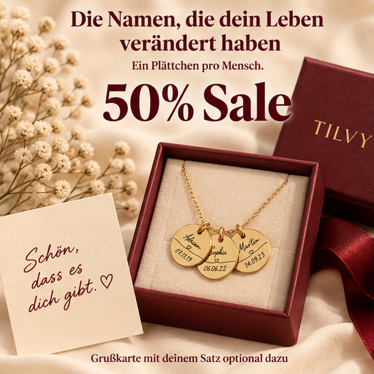 Kette mit Namen und Daten auf Plättchen