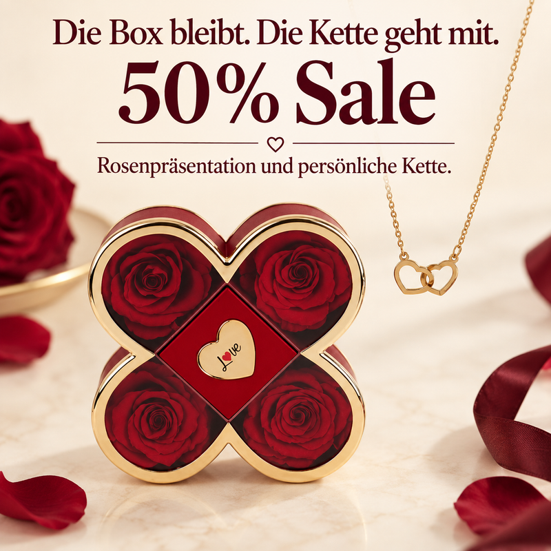 Kleeblatt-Rosenbox mit ewiger Rose und gravierter Kette
