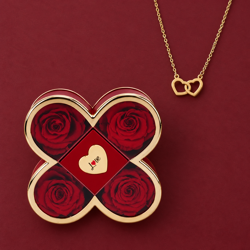 Kleeblatt-Rosenbox mit ewiger Rose und gravierter Kette