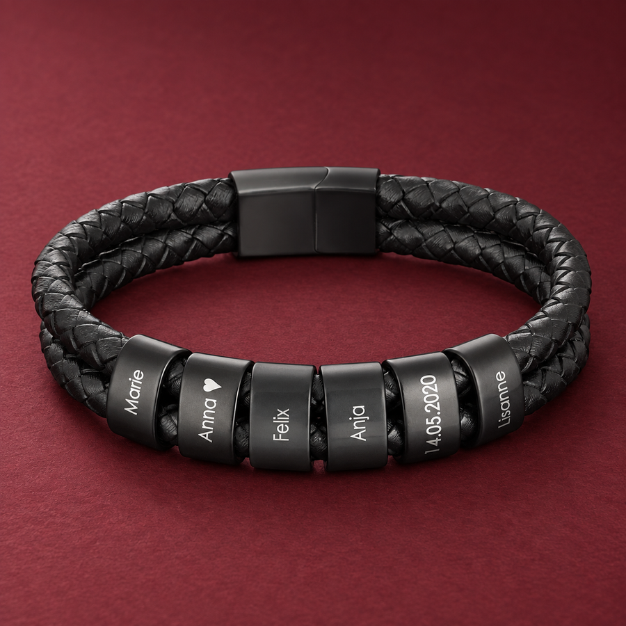 Lederarmband für Papa mit gravierten Namens-Beads